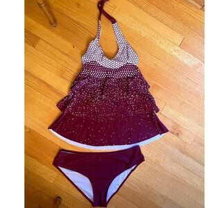 Tankini Swimsuit‎ Halter Top Ruffled Maroon White Polka Dot Swimwear L